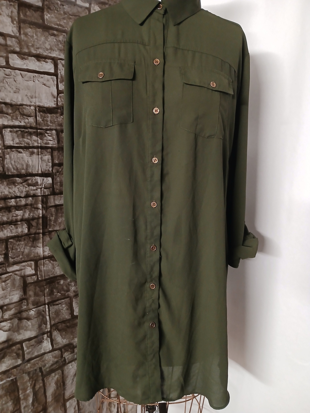 New York & Company Olive Green Button-Down Tunic Women's  Shirt